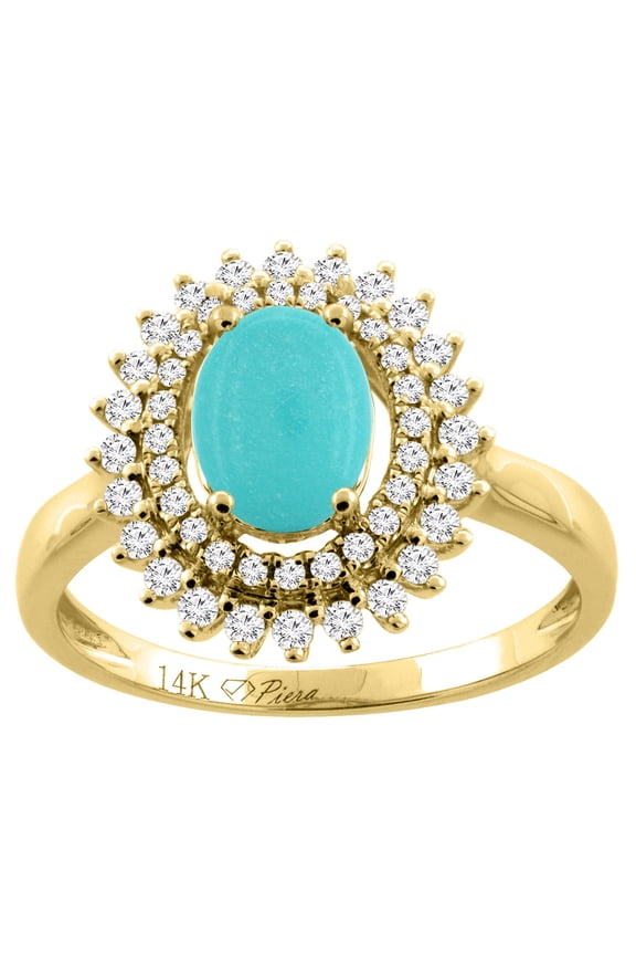 14K Yellow Gold Natural Turquoise Ring Oval 8x6 mm Double Halo Diamond Accents, size 5.5