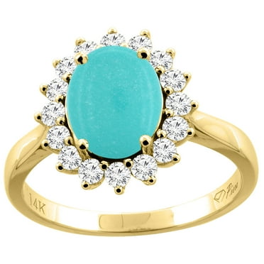 14K Yellow Gold Natural Turquoise Ring Oval 9x7 mm Diamond Accents, size 5.5