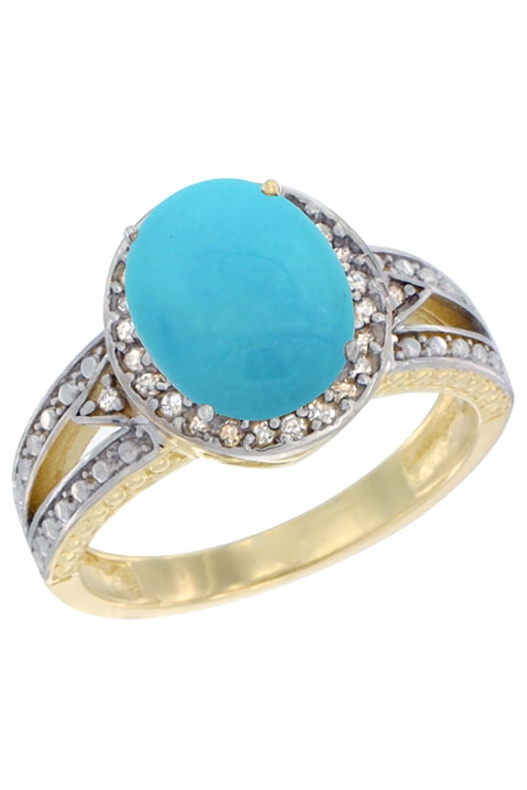 14K Yellow Gold Natural Turquoise Ring Oval 9x7 mm Diamond Halo, size 5