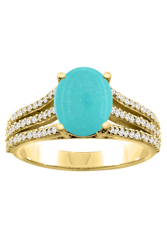 14K Yellow Gold Natural Turquoise Tri-split Ring Oval 9x7mm Diamond Accents, size 8.5