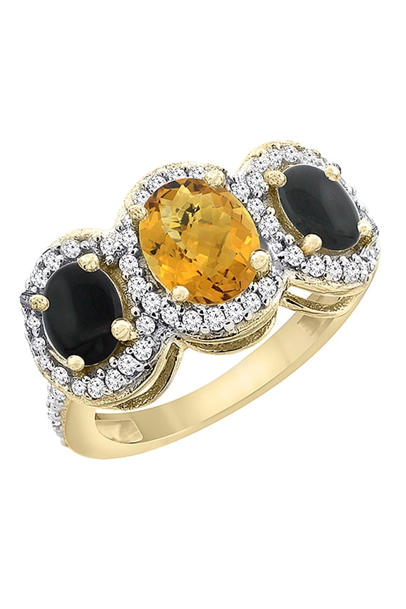14K Yellow Gold Natural Whisky Quartz & Black Onyx 3-Stone Ring Oval Diamond Accent, size 6