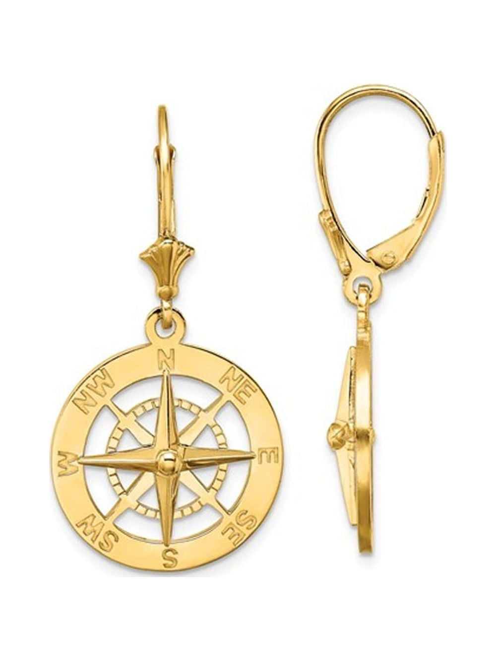 Gem & Harmony 14K Yellow Gold Nautical Compass Leverback Charm Earrings for Women