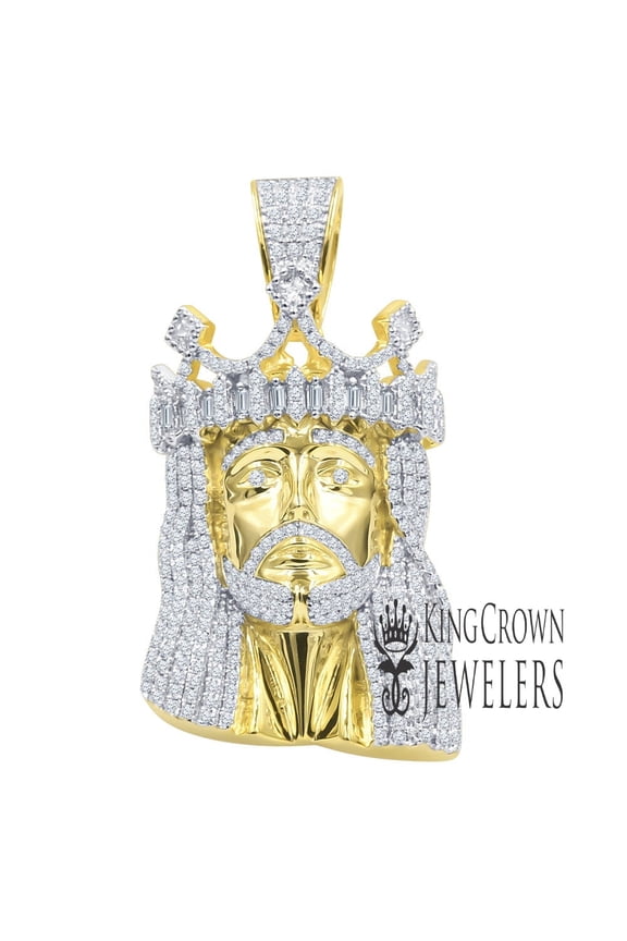 14K Yellow Gold On Real Sterling Silver Simulated Diamonds Jesus Face Piece Pendent Holy Christ Crown Charm 2.25''