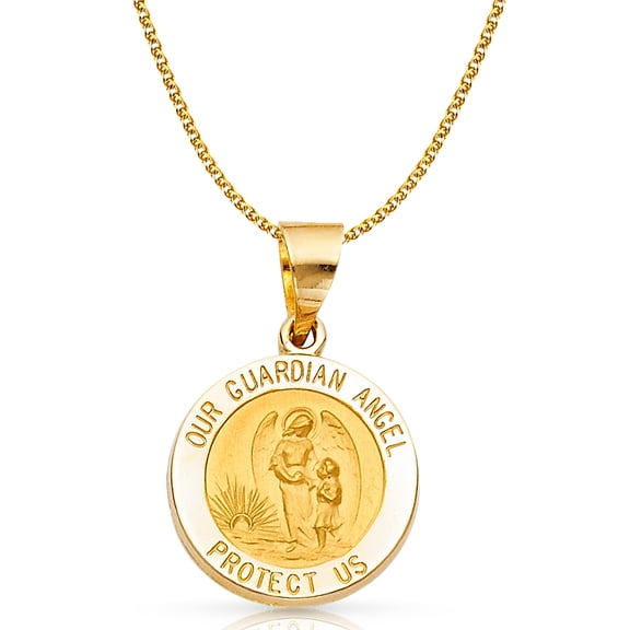 14K Yellow Gold Our Guardian Angel Charm Pendant with 1.7mm Flat Open Wheat Chain Necklace - 20"