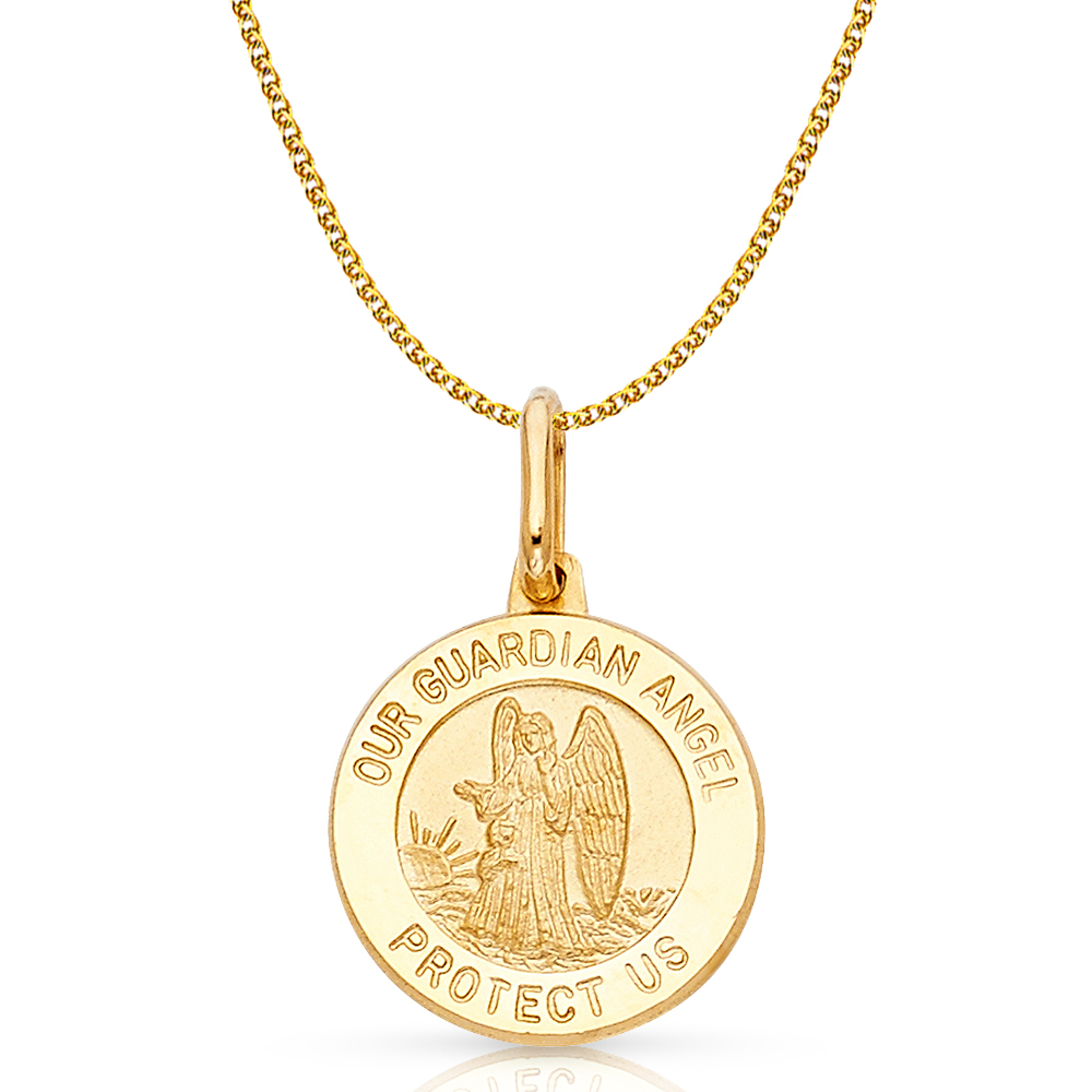 14K Solid Gold Guardian Angel Medal Pendant - 12mm Round - Alex And Elsa PT284