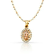 14K Yellow Gold Our Lady of Guadalupe Cubic Zirconia CZ Charm Pendant with 1.5mm Valentino Chain Necklace - 16"