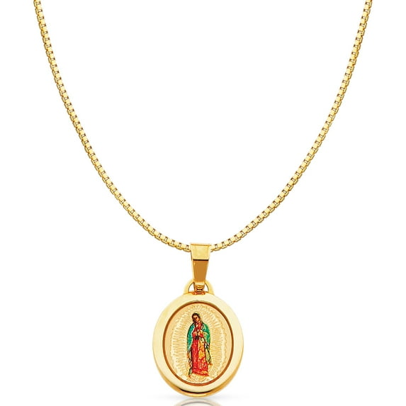 14K Yellow Gold Our Lady of Guadalupe Enamel Picture Religious Charm Pendant with 0.8mm Box Chain Necklace - 16"