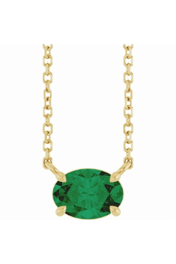 14K Yellow Gold Oval 7 X 5 Mm 18 In Polished Lab-Grown Emerald 4-Prong Claw Necklace