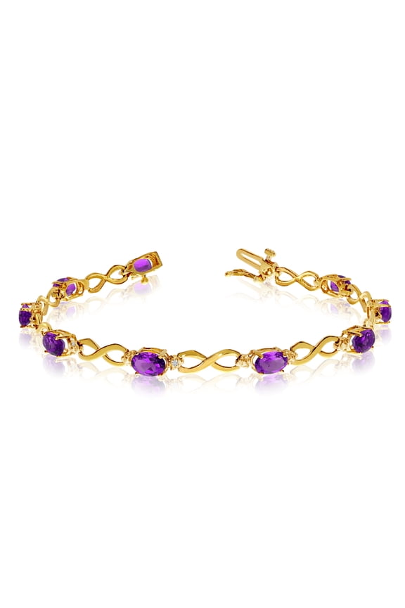 14K Yellow Gold Oval Amethyst Stones And Diamonds Infinity Tennis Bracelet, 7"