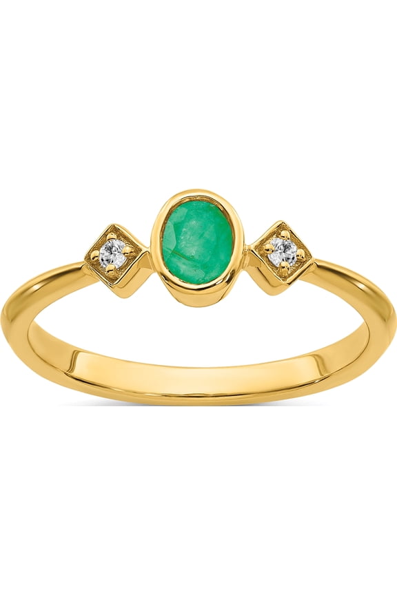 14K Yellow Gold Oval Bezel Emerald And Diamond Ringsize 7 - Jbsp