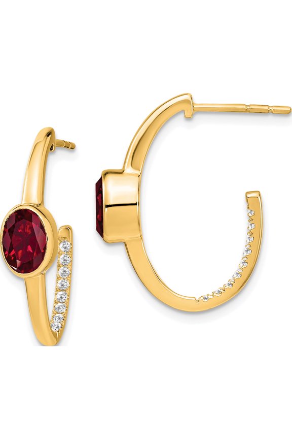 14K Yellow Gold Oval Created Ruby And Diamond J-Hoop Earrings (Width 6) (Length 24.2) - Jbsp