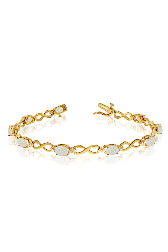 14K Yellow Gold Oval Opal Stones And Diamonds Infinity Tennis Bracelet, 7"
