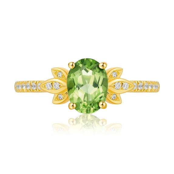 14K Yellow Gold Oval Shape Created Peridot Cubic Zirconia Engagement Ring for Women