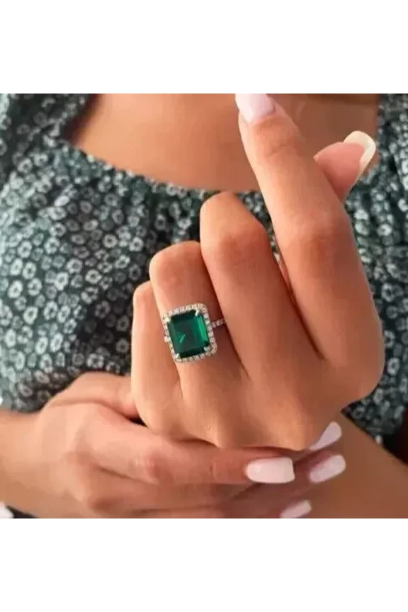 3Ct Emerald Cut Lab-Created Green Emerald Engagement Ring 14K White Gold Plated