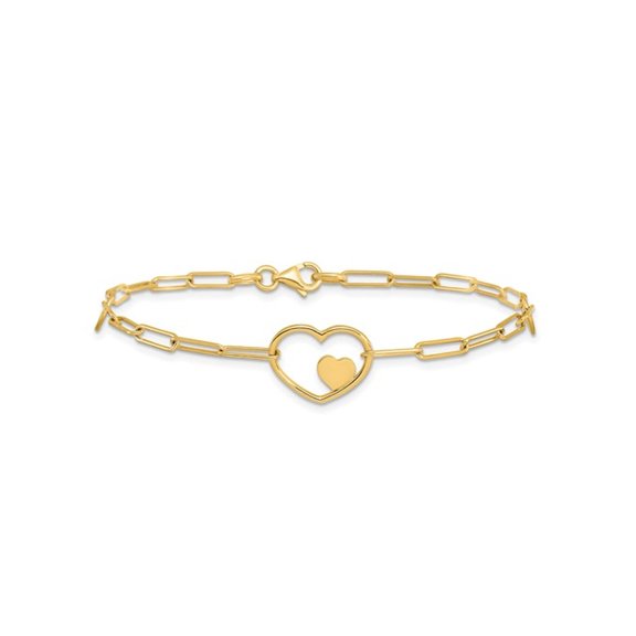 Gem & Harmony 14K Yellow Gold Paperclip Heart Link Bracelet (7.25 inches) for Women