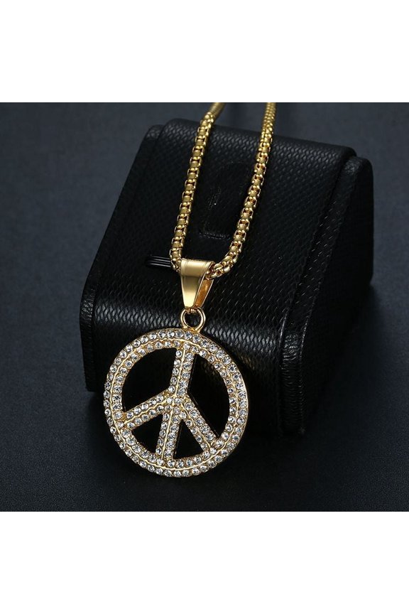 14K Yellow Gold Peace Sign Symbol Sun Compass Round Charms Rainbow Zircon Necklace for Women Choker Pendant Jewelry