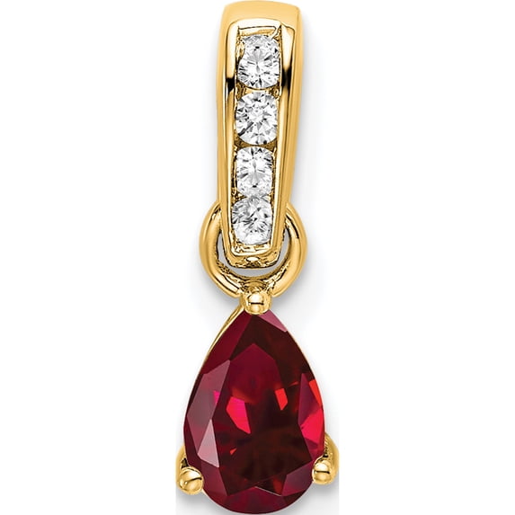 14K Yellow Gold Pear Created Ruby And Diamond Pendant (Width 4.5) (Length 16.3) - Jbsp