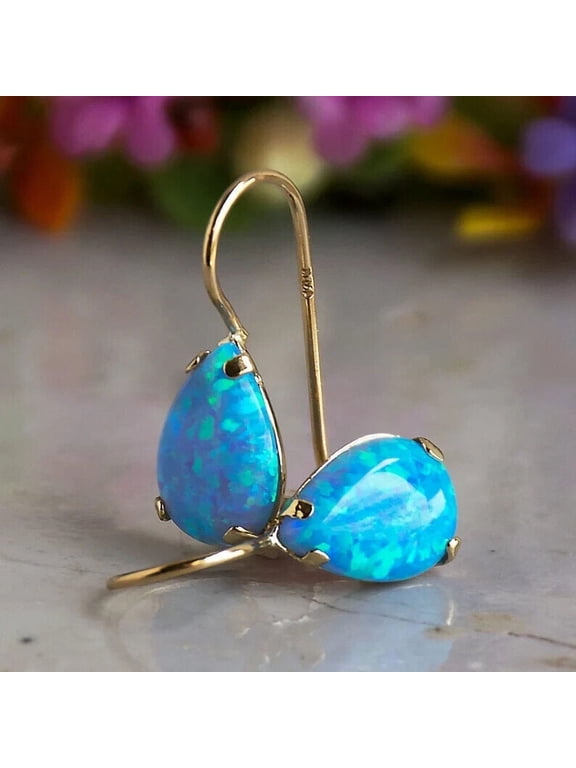 14K Yellow Gold Pear Cut Blue Opal Gemstone Earrings - Teardrop Earrings
