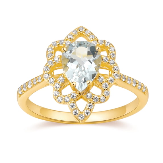 14K Yellow Gold Pear Shape Created Aquamarine Cubic Zirconia Hollow Flower Engagement Ring