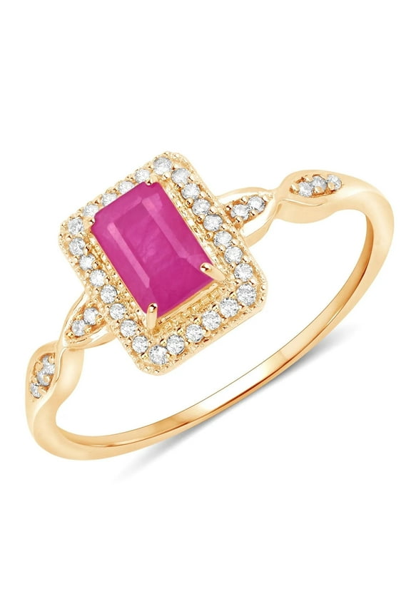 Natural Ruby Halo Ring 14K Yellow Gold Octagon Pink Ruby Genuine Ruby and Diamond July Birthstone Ring for Women