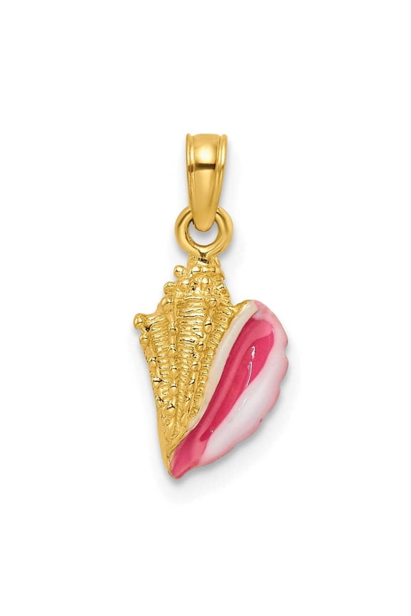 14K Yellow Gold Pink White Enameled Conch Shell Pendant