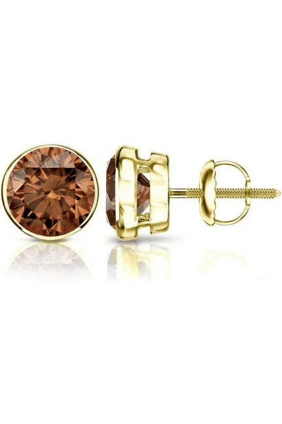 14K Yellow Gold Plated 1.28 Ct Round Cut Brown Diamond Bezel Stud Earring's - Valentines day For wife