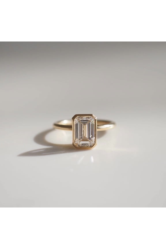 14K Yellow Gold Plated 1.5 CT Emerald Cut Moissanite Ring Bezel Set Solitaire Engagement Band for Women