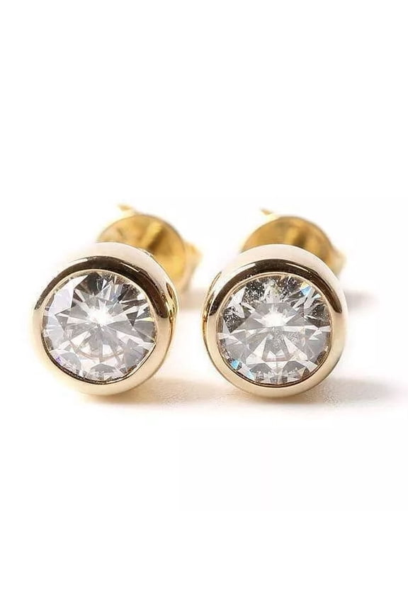 14K Yellow Gold Plated 1Ct Round Cut Lab Created Diamond Bezel Set Stud Earrings