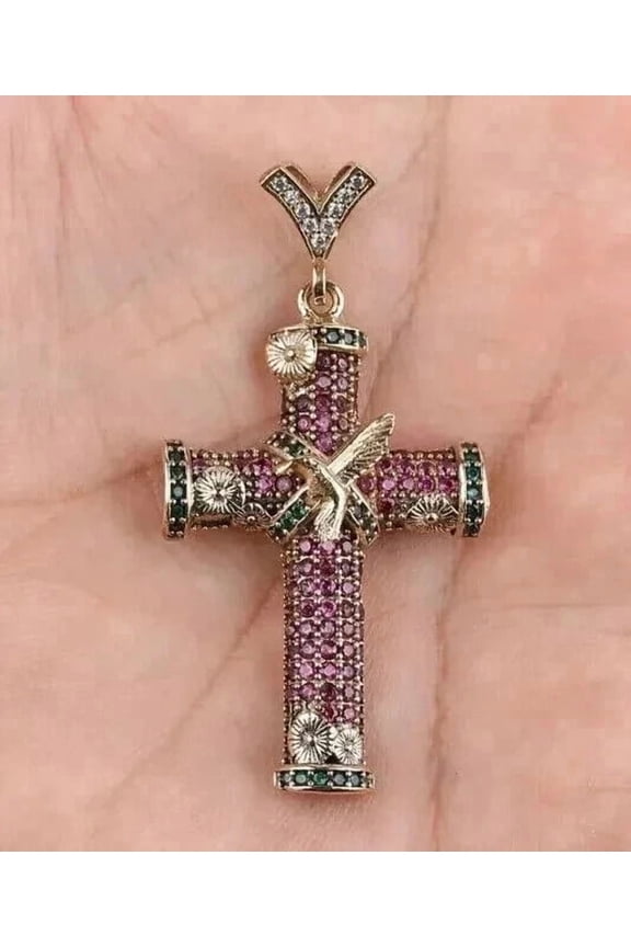 14K Yellow Gold Plated 2.00Ct Round Cut Lab-Created Red Ruby Cross Men's Pendant