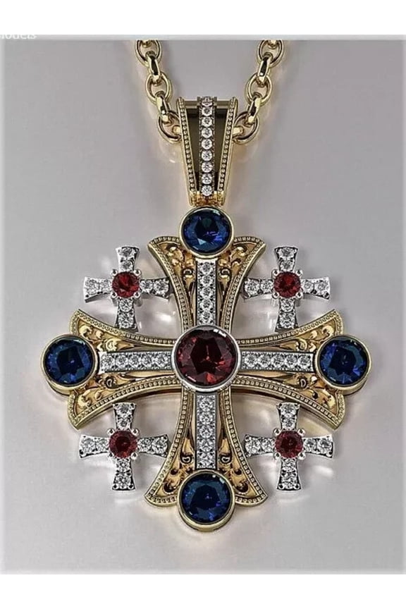14K Yellow Gold Plated 2.3CT Round Cut Lab Created Ruby Cross Pendant