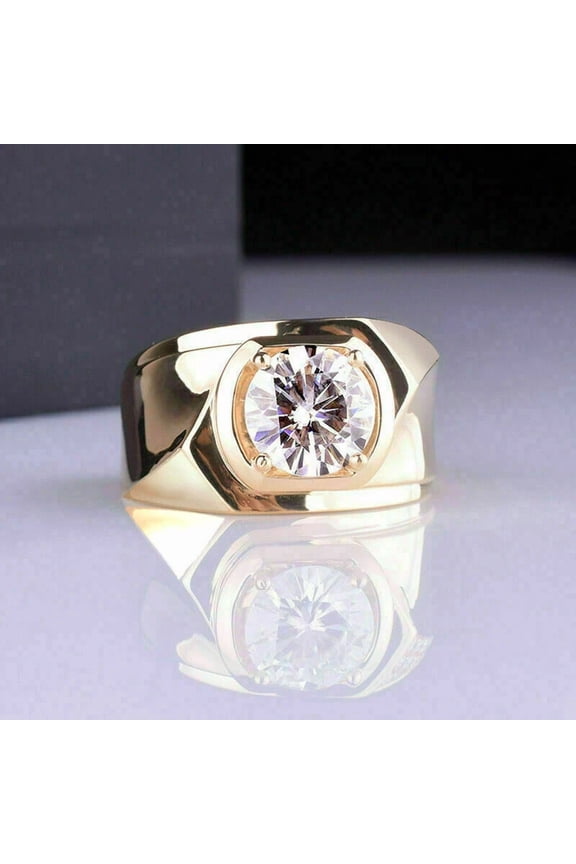 14K Yellow Gold Plated 2 CT Round Solitaire Moissanite Wedding Men's Pinky Ring
