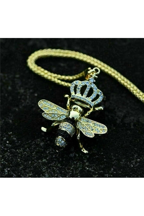 14K Yellow Gold Plated 2 Ct Round Cut Simulated Diamond Bee Charm Pendant 925 Sterling Silver