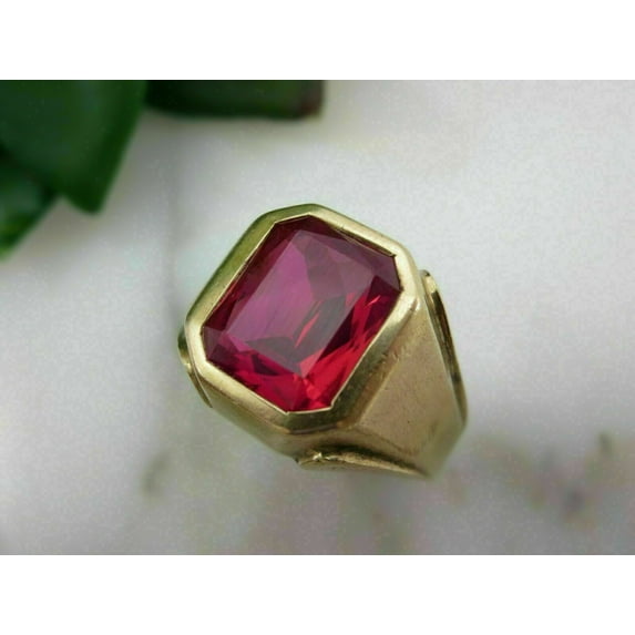 14K Yellow Gold Plated 2Ct Emerald Cut Lab Created Red Ruby Garnet Men Wedding Band Ring