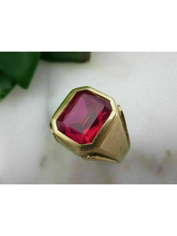 14K Yellow Gold Plated 2Ct Emerald Cut Simulated Red Ruby Garnet Men Wedding Band Ring Size 11