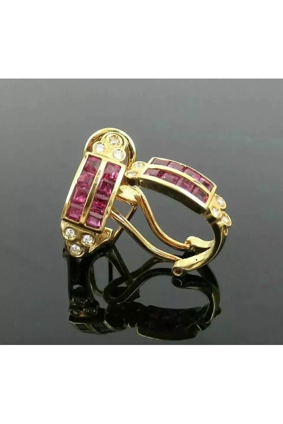 14K Yellow Gold Plated 2Ct Lab Created Red Ruby Princess Cut Women Hoop Earrings
