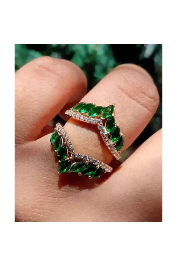 14K Yellow Gold Plated 2Ct Marquise Cut Lab Created Emerald Enhancer Gard Ring Solid 925 Sterling Silver