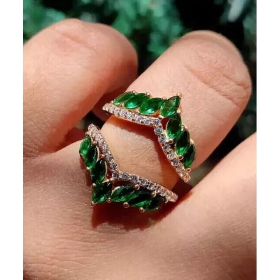 14K Yellow Gold Plated 2Ct Marquise Cut Lab Created Emerald Enhancer Gard Ring Solid 925 Sterling Silver