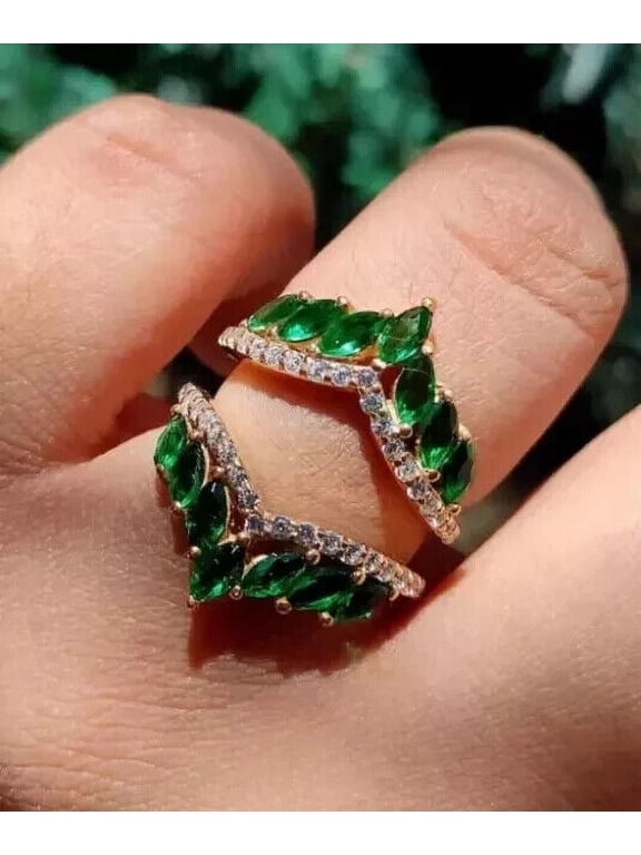 14K Yellow Gold Plated 2Ct Marquise Cut Lab Created Emerald Enhancer Gard Ring Solid 925 Sterling Silver