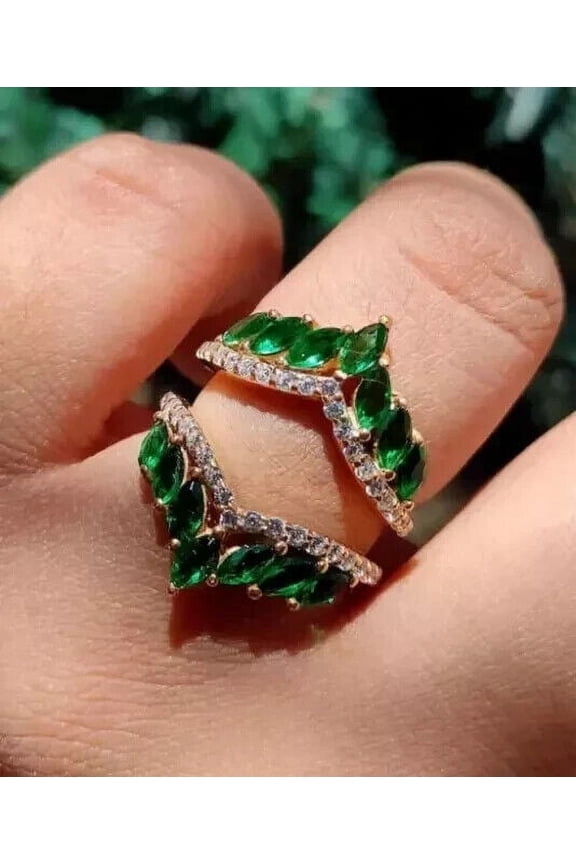 14K Yellow Gold Plated 2Ct Marquise Cut Lab Created Emerald Enhancer Gard Ring Solid 925 Sterling Silver