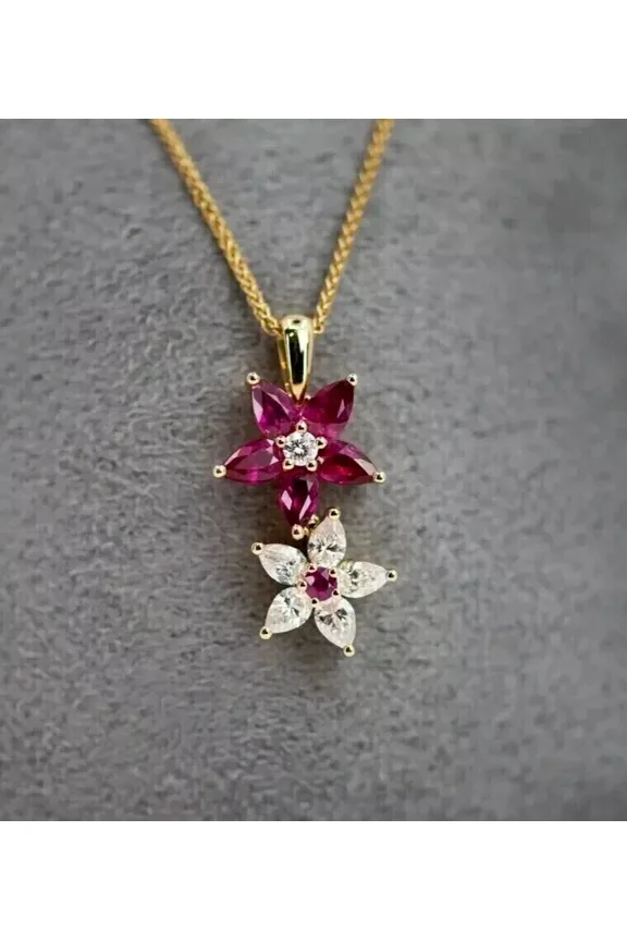 14K Yellow Gold Plated 2Ct Pear Cut Lab-Created Pink Ruby Flower Pendant Chain