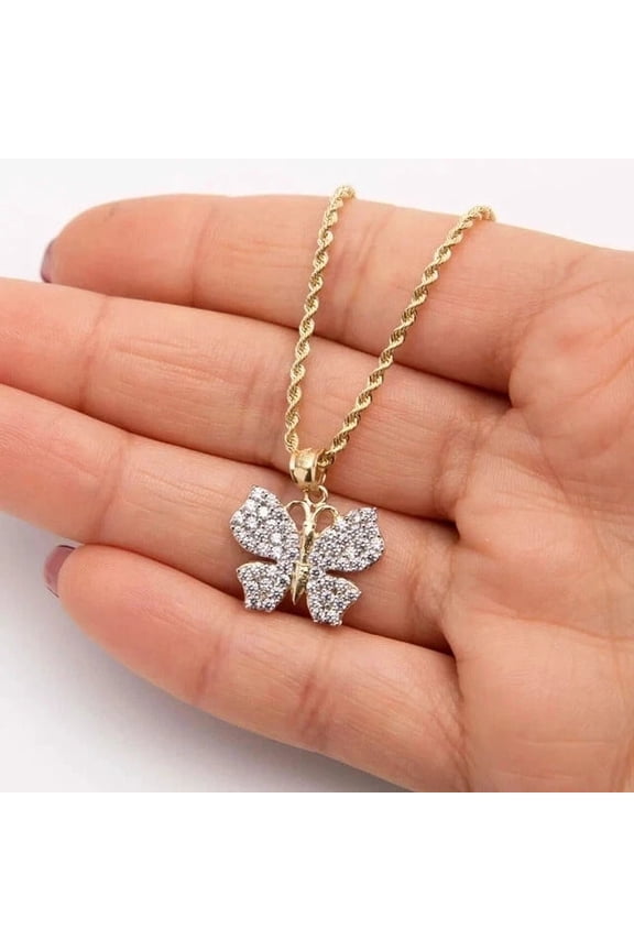 14K Yellow Gold Plated 2Ct Round Cut Lab Created Diamond Butterfly Women Pendant