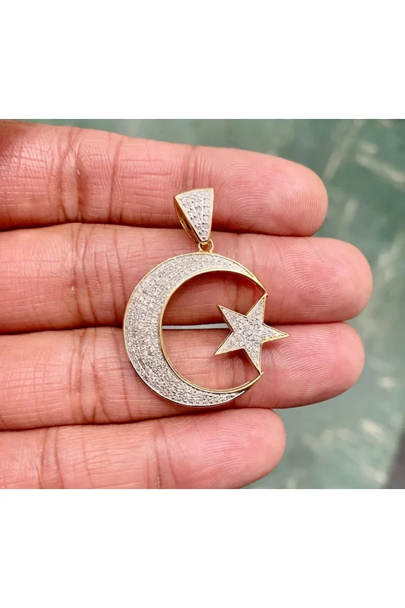 14K Yellow Gold Plated 2Ct Round Cut Lab Created Diamond Crescent Moon Star Pendant 1.5 inch