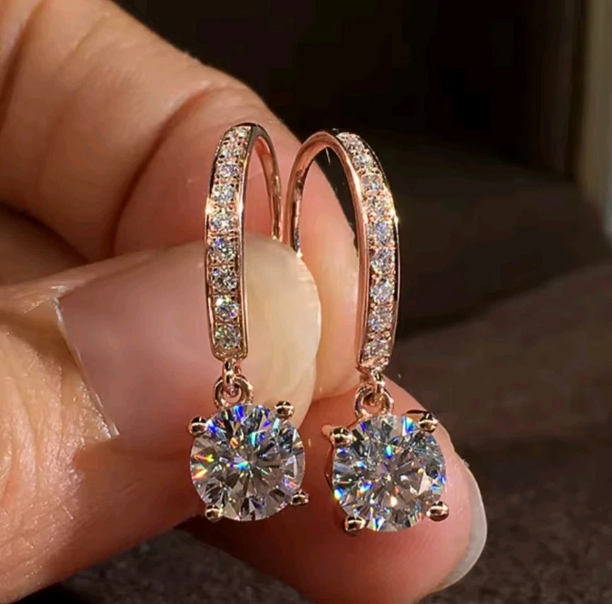 14K Yellow Gold Plated 2Ct Round Cut Lab Created Diamond Drop/Dangle Hook Earrings