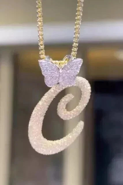 14K Yellow Gold Plated 2TCW Round Cut Moissanite Custom Butterfly Letter Pendant 2 inch