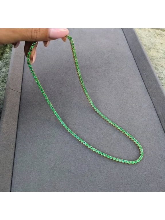 14K Yellow Gold Plated 3MM 10Ct Round Cut Simulated Green Emerald Tennis Necklace 18inch