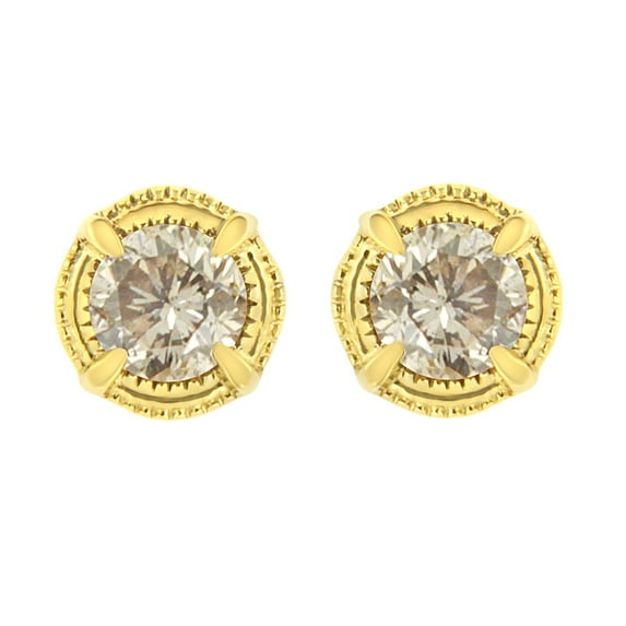 14K Yellow Gold Plated .925 Sterling Silver 1/3 cttw Diamond Modern 4-Prong Solitaire Milgrain Stud Earrings (K-L Color, I2-I3 Clarity)