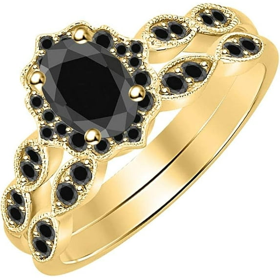 14K Yellow Gold-Plated 925 Sterling Silver Oval Shape Black Diamond Vintage Style Wedding Engagement Bridal Ring Set For Womens
