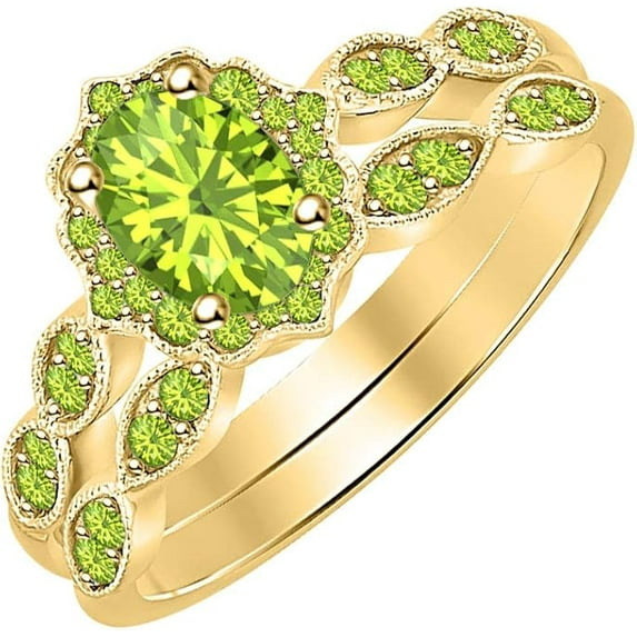 14K Yellow Gold-Plated 925 Sterling Silver Oval Shape Peridot Vintage Style Wedding Engagement Bridal Ring Set For Womens