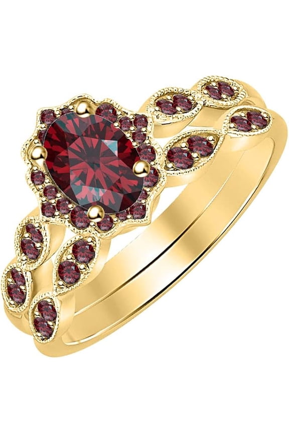 14K Yellow Gold-Plated 925 Sterling Silver Oval Shape Red Garnet Vintage Style Wedding Engagement Bridal Ring Set For Womens