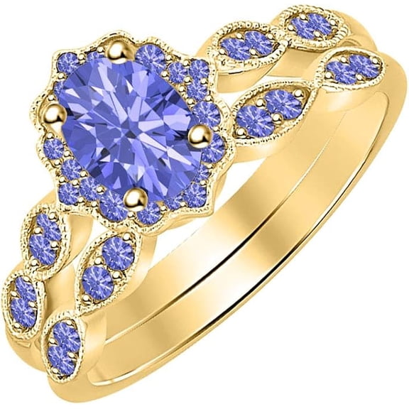 14K Yellow Gold-Plated 925 Sterling Silver Oval Shape Tanzanite Vintage Style Wedding Engagement Bridal Ring Set For Womens